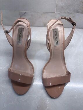 Steve Madden Beige Patent Ankle-Strap Heels
